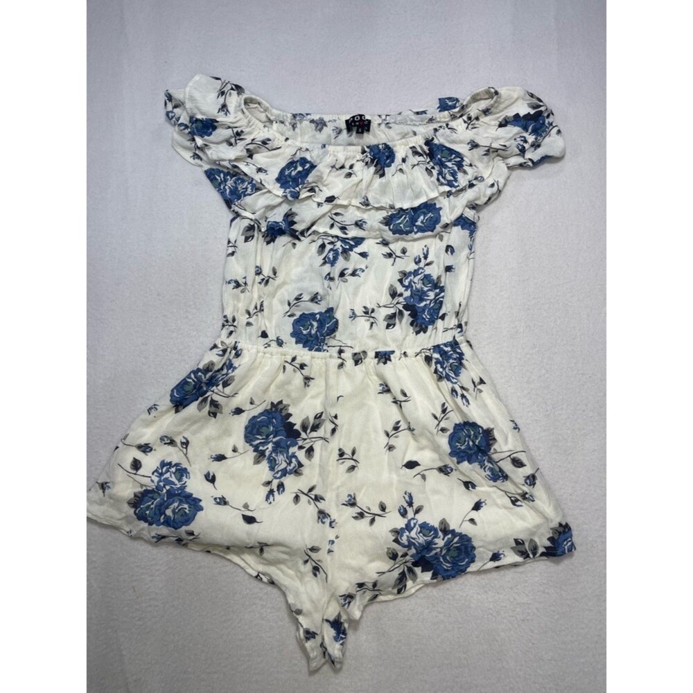 Poof NY Blue Floral Off Shoulder Romper Small Ruffle Boho Summer